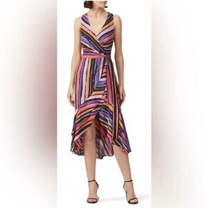 Great Jones Vibrant Orchid Wrap Dress with colorful stripes in women's size M